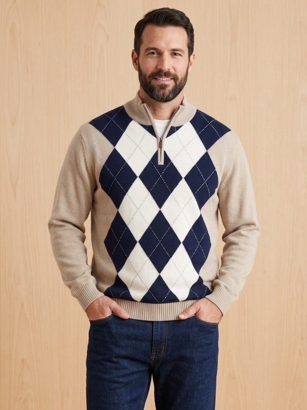 BROOKS BROTHERS long sleeved Tan/Navy Argyle Pattern Men’s Sweater size XX-Large